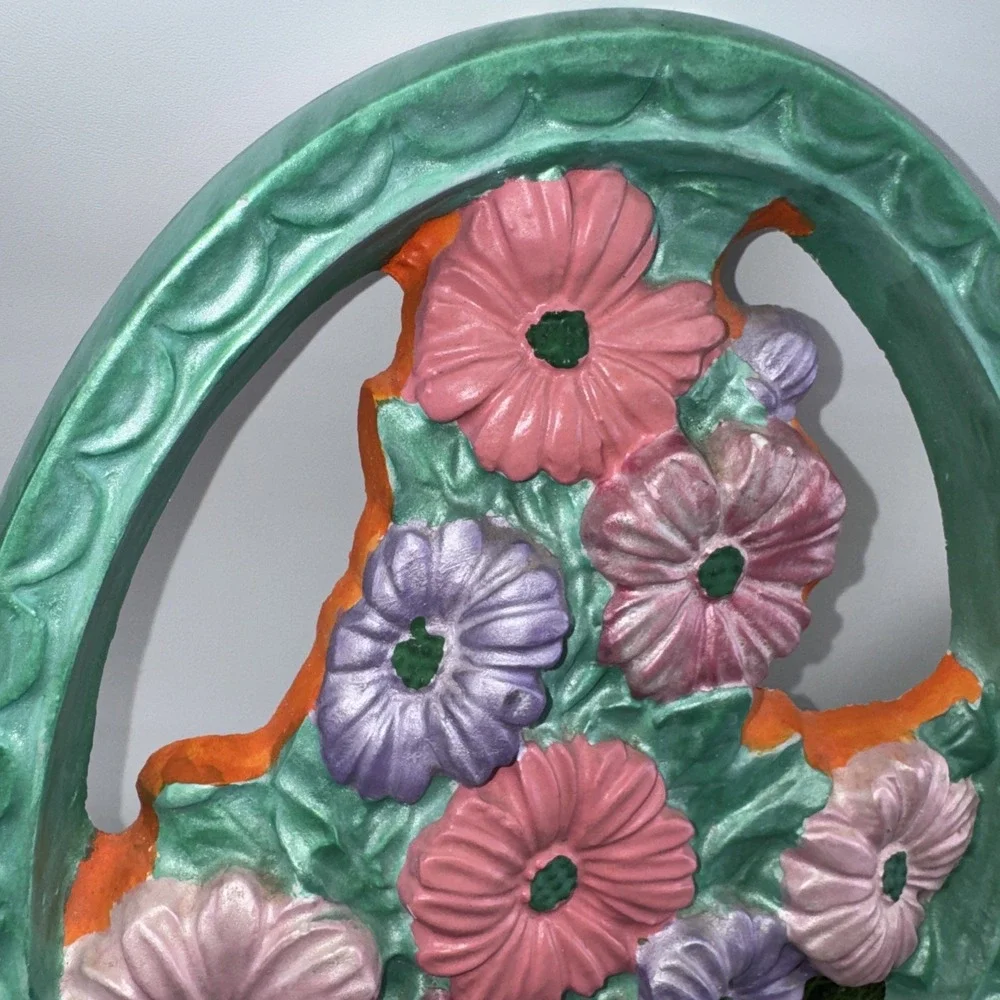 Vintage Floral Wall Plaques Set of 2 Chalkware Syroco Style Pastel Flowers Chips